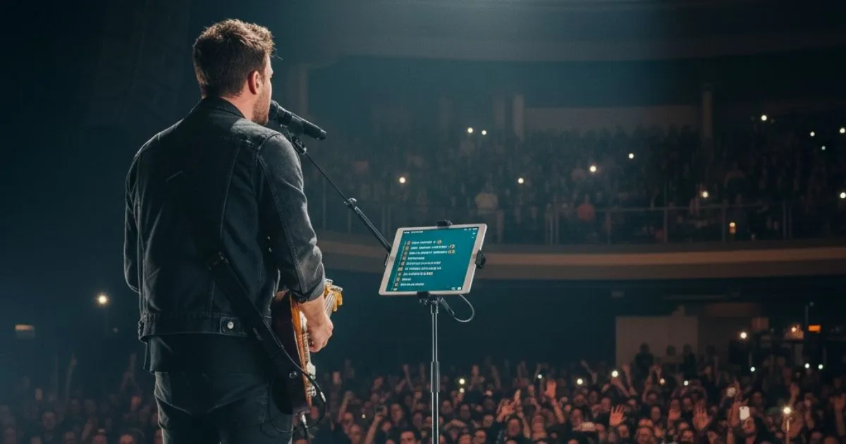 Guitarist using LyricsFlow Pro on stage