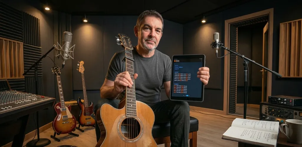 iPad running LyricsFlow Pro on a music stand showing ChordPro lyrics and chords