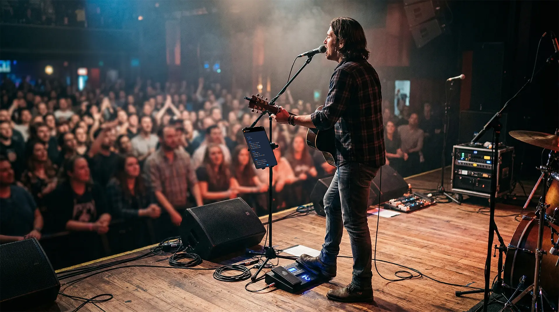 Musician on stage using a tablet with a Bluetooth foot pedal